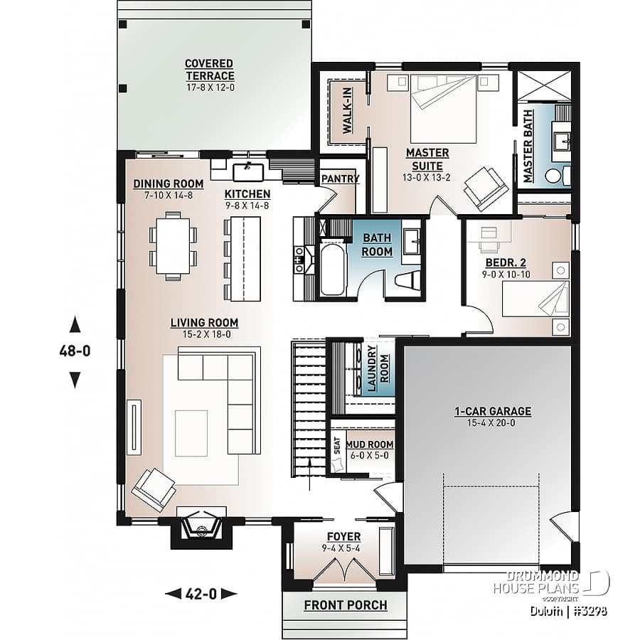 Floor plan #3298 (Duluth house plan), with 2 beds, 2 baths, a good size one-car garge, kitchen with pantry, fireplace  in living room and 9' ceiling!
