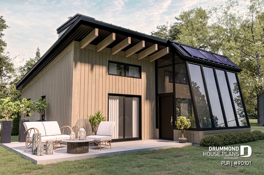 Eco-friendly house plan with solar panels, high-performance windows and sustainable design by Drummond House Plans – PUR #90101.