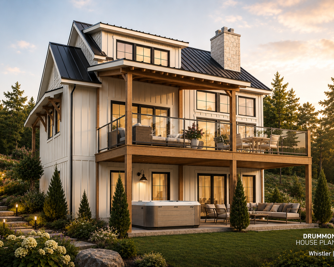 Energy-efficient modern farmhouse house plan with high-performance design, large windows and sustainable building features by Drummond House Plans.