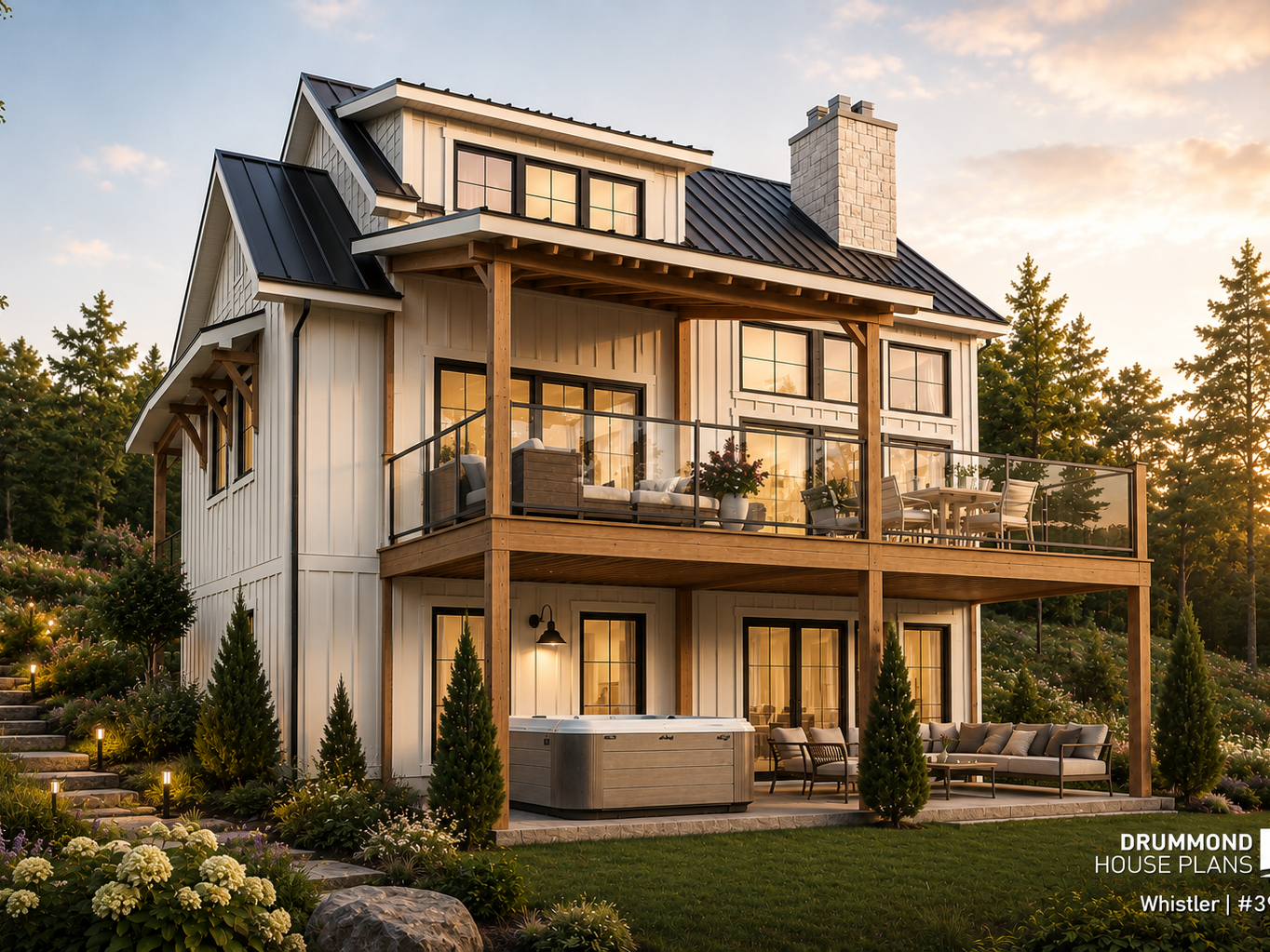 Energy-efficient modern farmhouse house plan with high-performance design, large windows and sustainable building features by Drummond House Plans.
