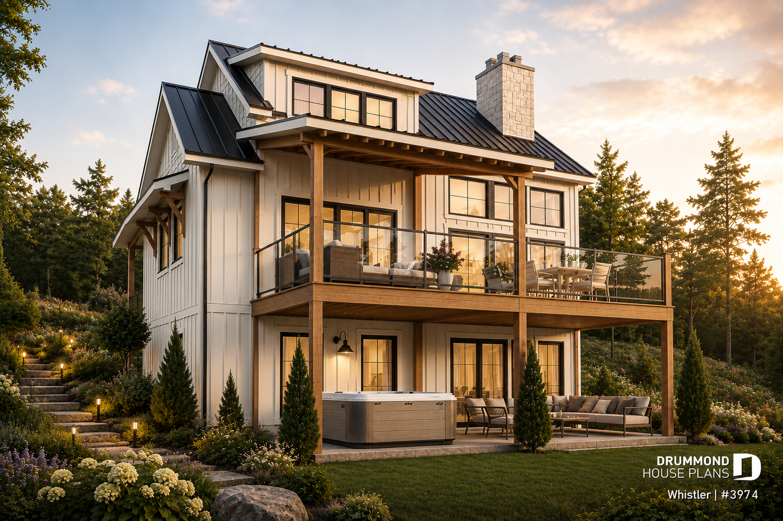 Energy-efficient modern farmhouse house plan with high-performance design, large windows and sustainable building features by Drummond House Plans.
