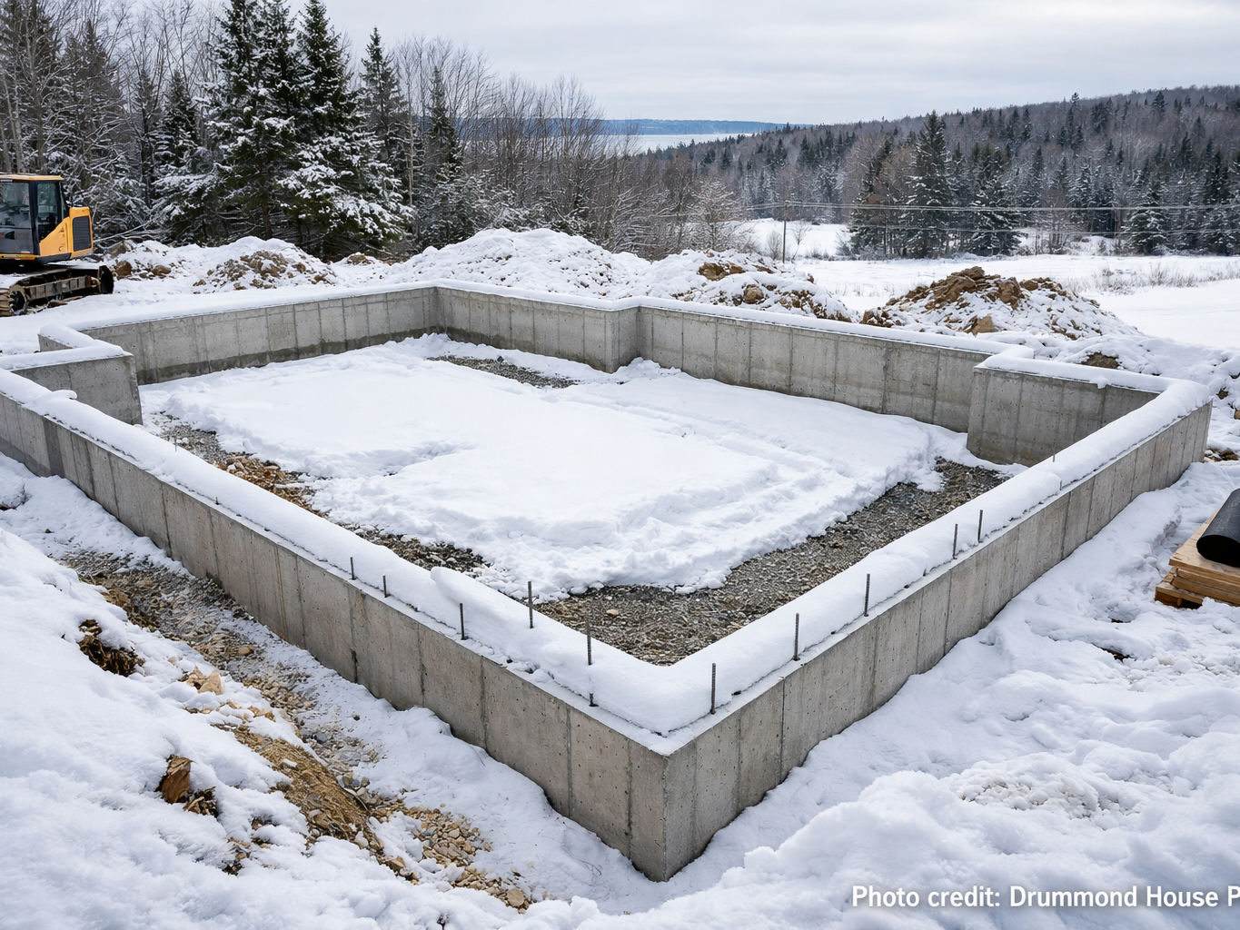 Concrete house foundation poured in winter with snow-covered ground and excavation equipment in Quebec