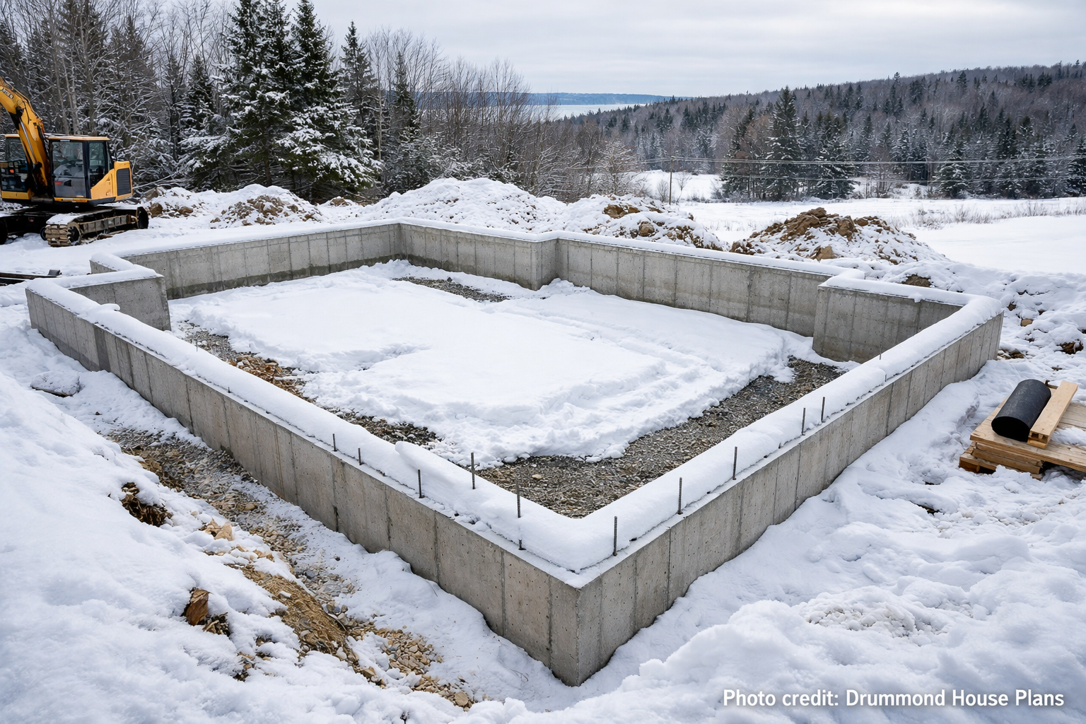 Concrete house foundation poured in winter with snow-covered ground and excavation equipment in Quebec