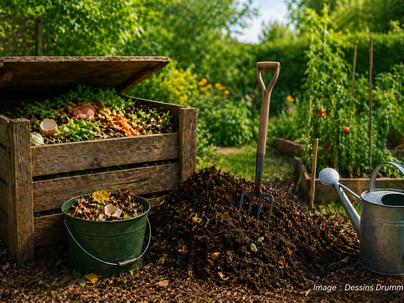 Bac à compost en bois avec déchets organiques, arrosoir et outils dans un jardin écologique