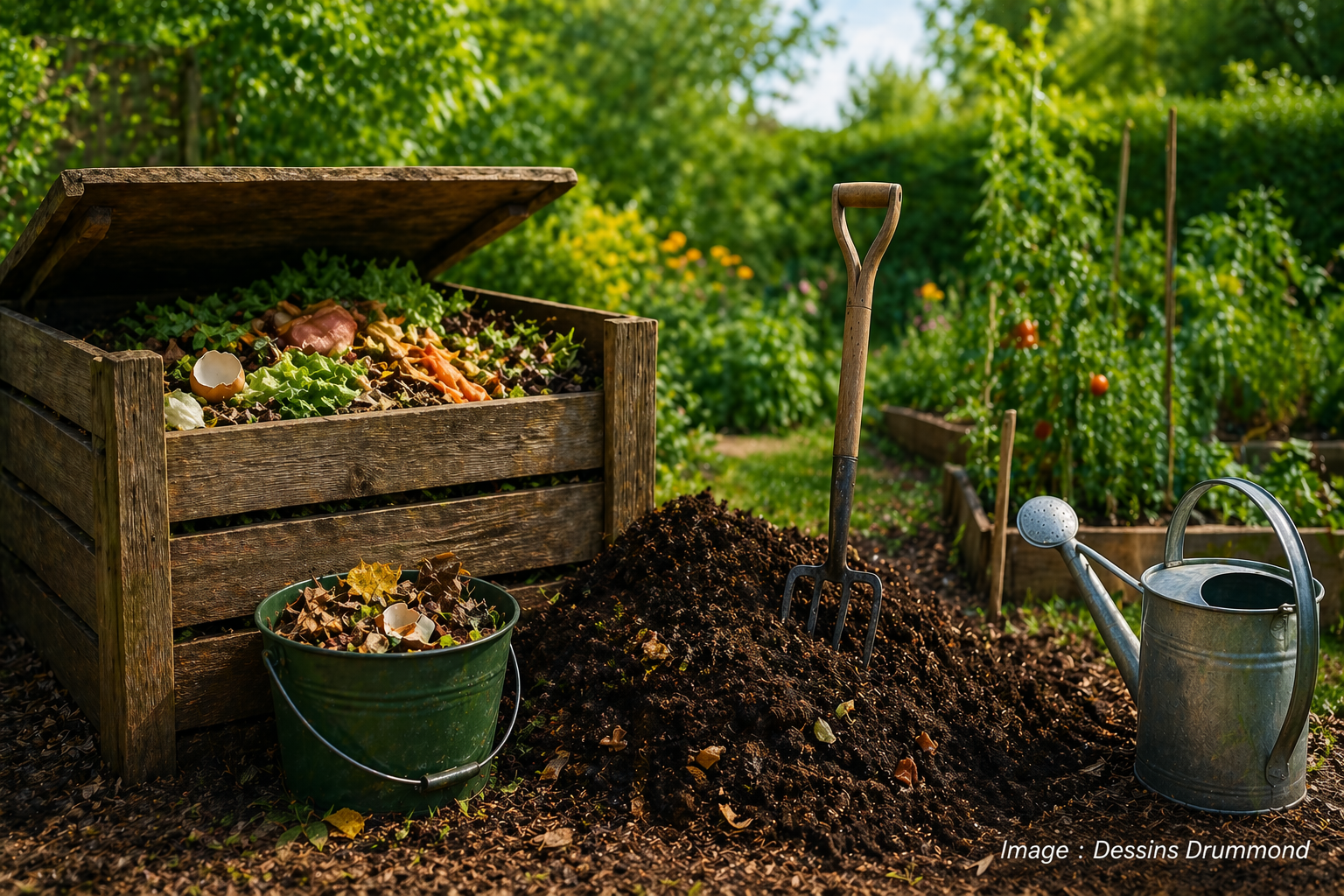 Bac à compost en bois avec déchets organiques, arrosoir et outils dans un jardin écologique