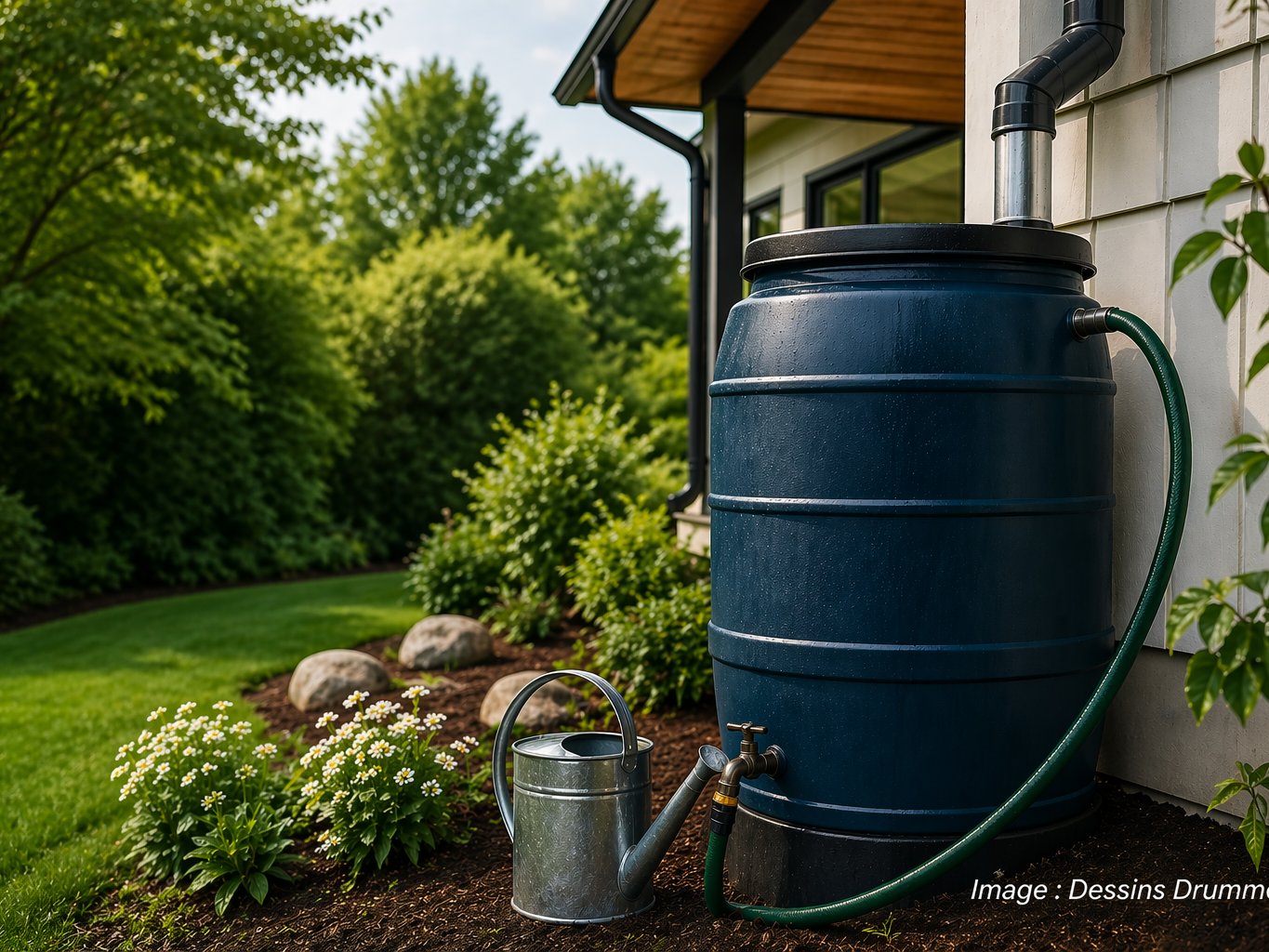 Système de récupération d’eau de pluie avec baril et arrosoir dans un jardin écologique près d’une maison