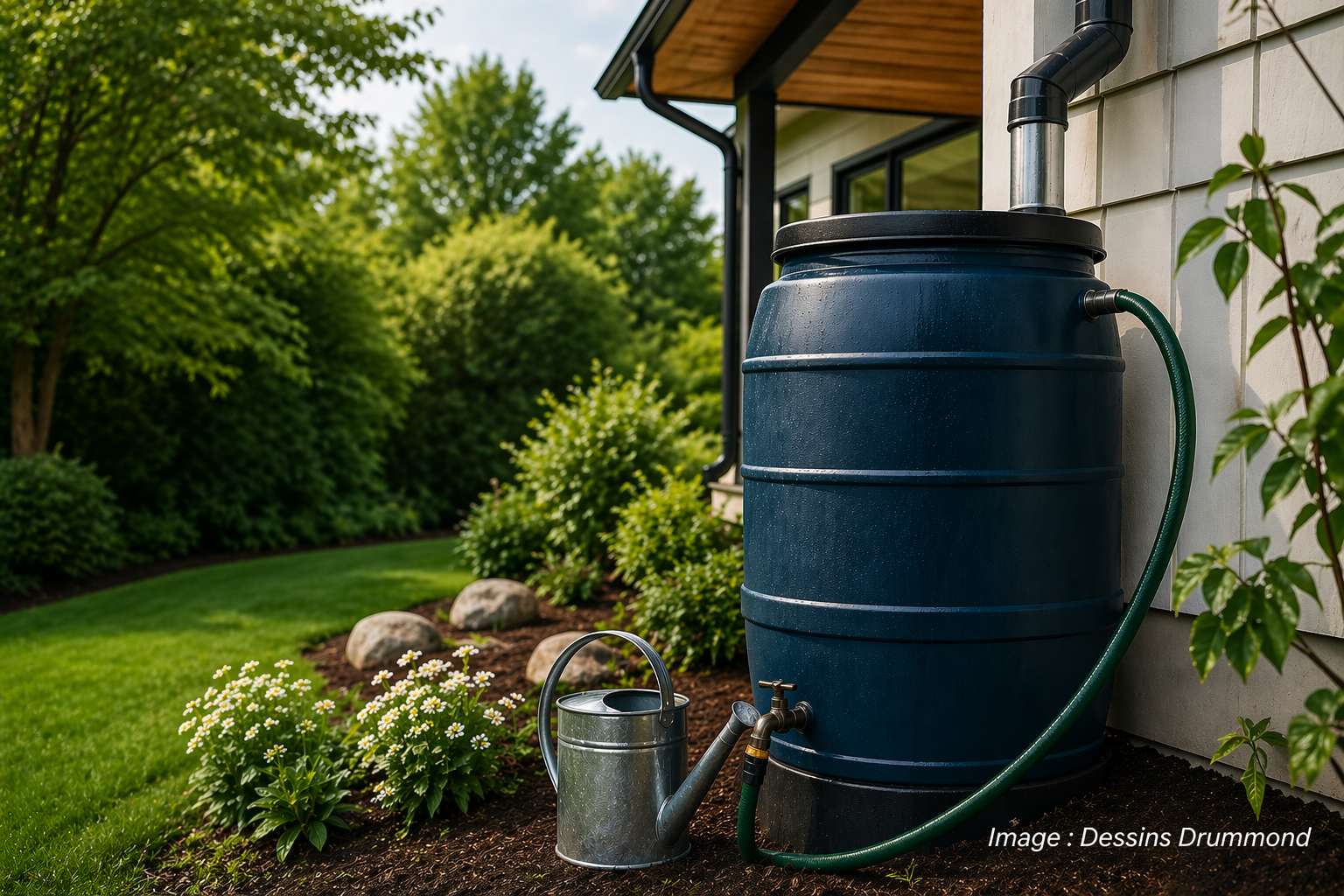 Système de récupération d’eau de pluie avec baril et arrosoir dans un jardin écologique près d’une maison