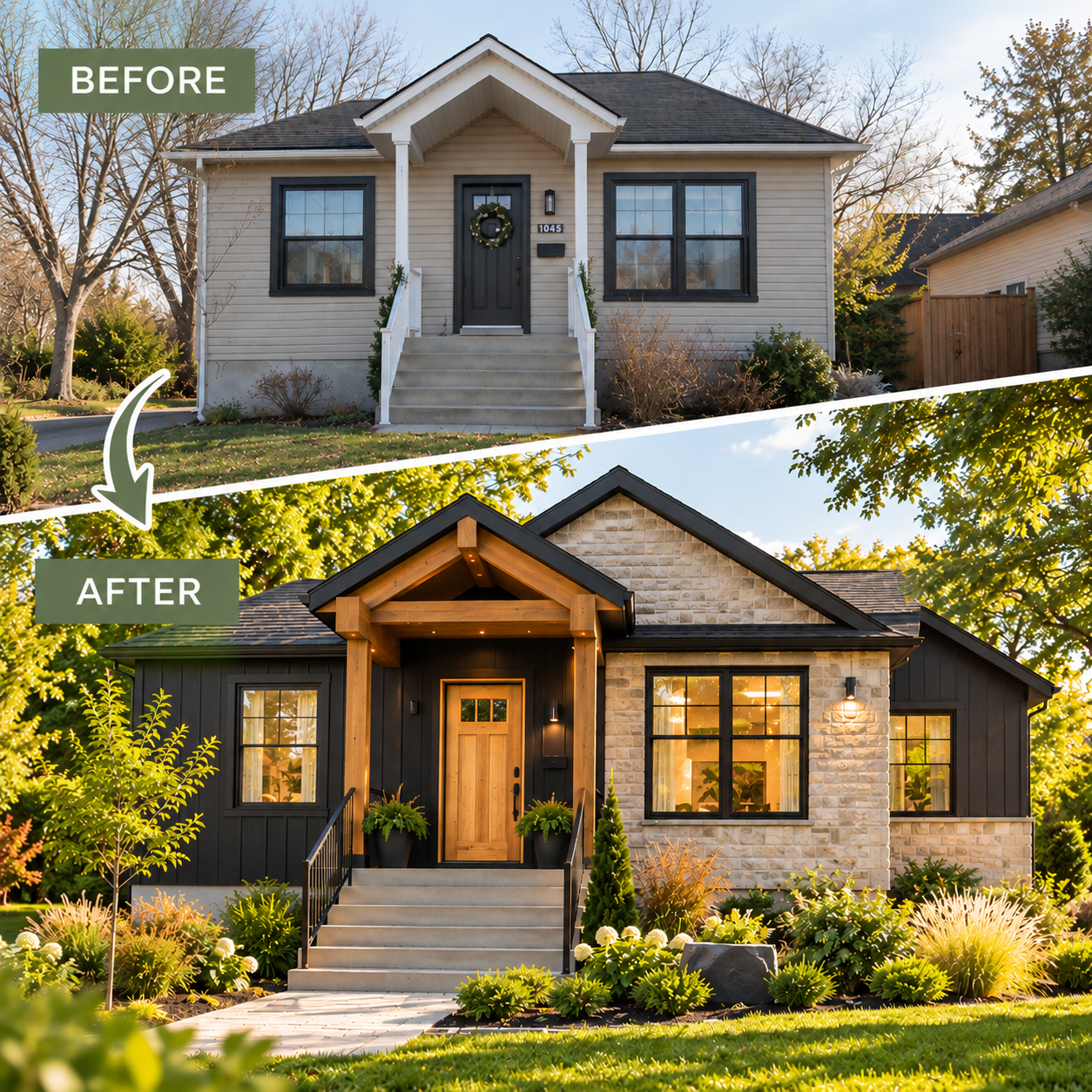 Before and after of a green and sustainable home renovation