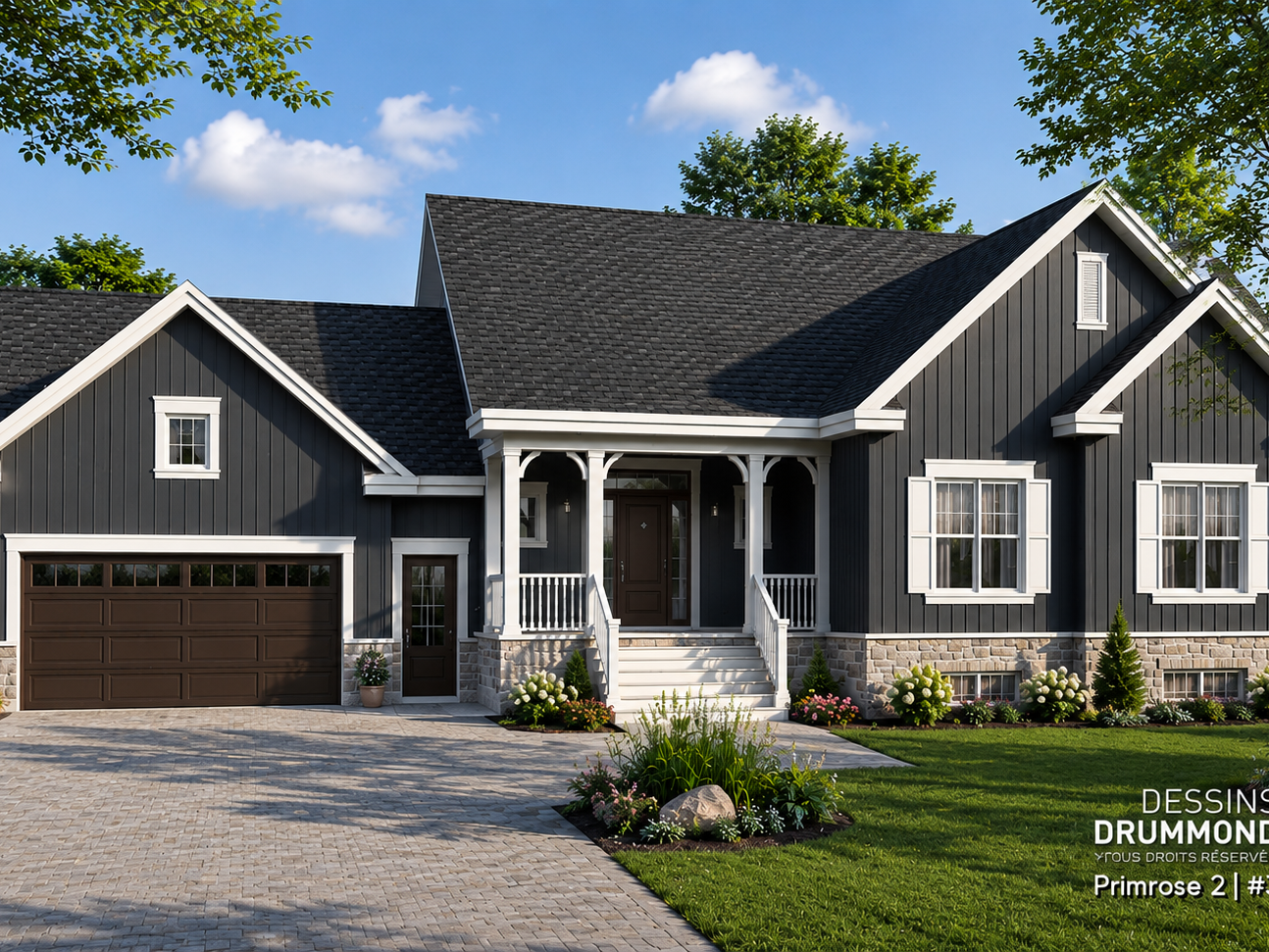 Plan de maison plain-pied de 6 chambres avec garage double, sous-sol aménagé et architecture Craftsman moderne – Primrose 2