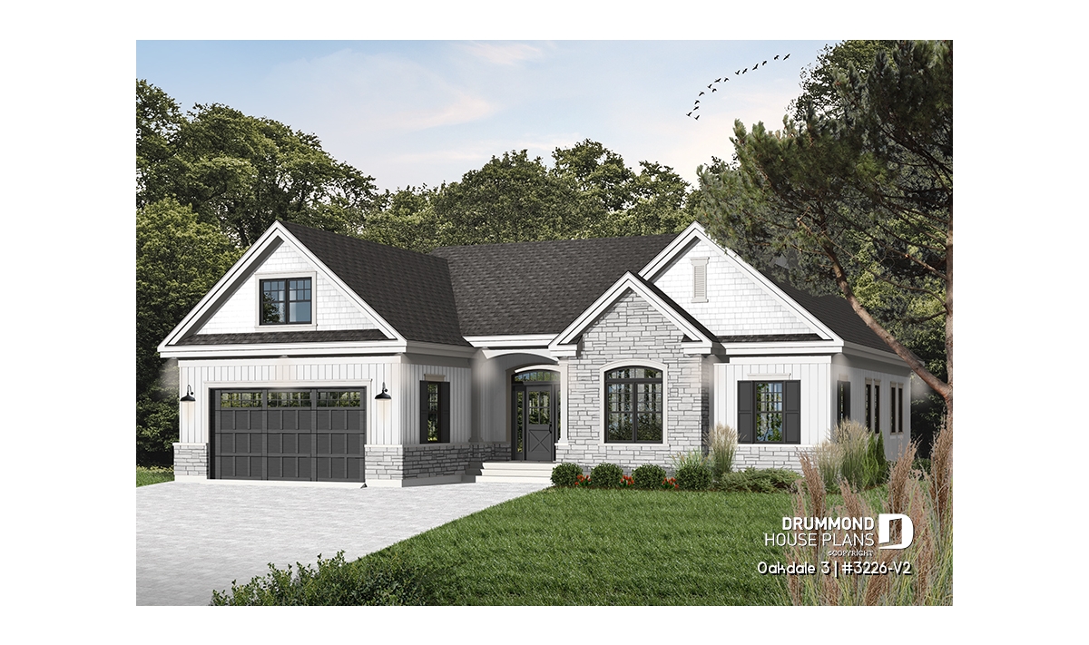 3-bedroom single-story house plan Oakdale 3226-V2 front exterior with double garage and covered entry