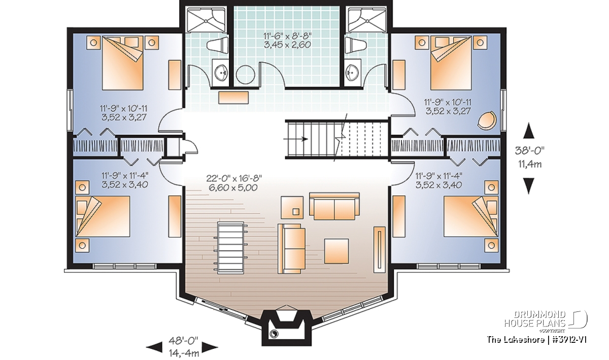 Finished walkout basement plan of the LAKESHORE (#3912-V1) with 4 bedrooms, family room and fireplace