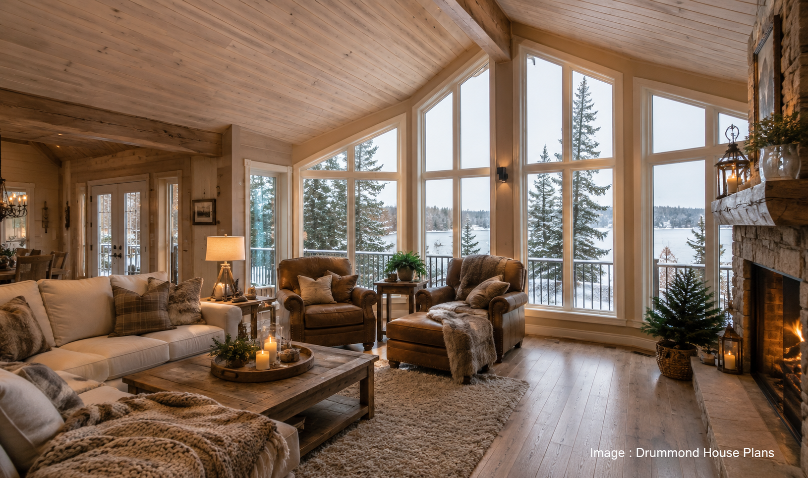 Lakefront cottage interior with cathedral ceiling, fireplace and panoramic windows in the LAKESHORE (#3912-V1)