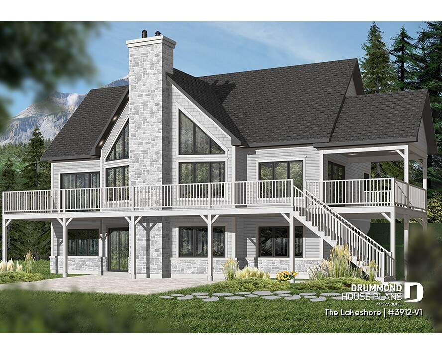 LAKESHORE (#3912-V1) lakefront cottage plan with finished walkout basement, panoramic terrace and cathedral windows
