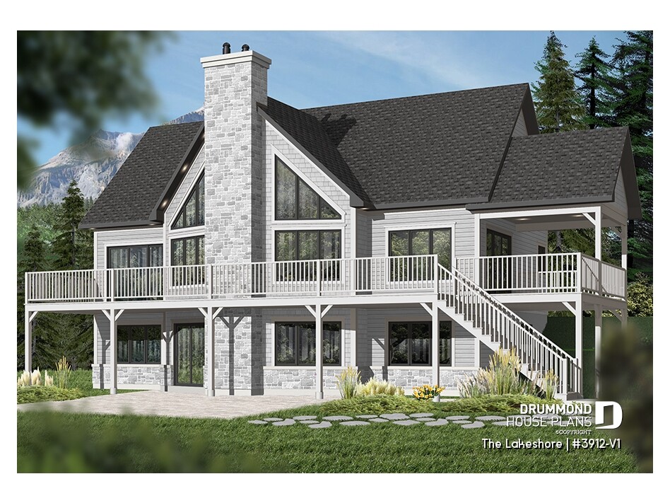 LAKESHORE (#3912-V1) lakefront cottage plan with finished walkout basement, panoramic terrace and cathedral windows