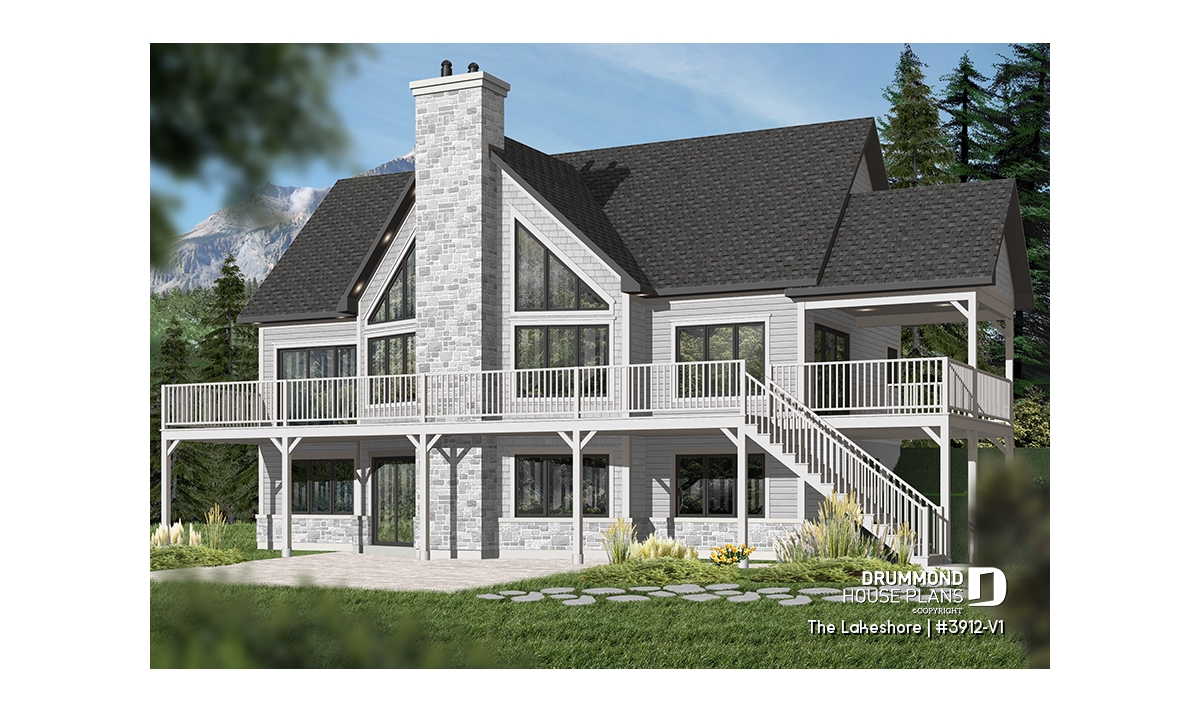 LAKESHORE (#3912-V1) lakefront cottage plan with finished walkout basement, panoramic terrace and cathedral windows