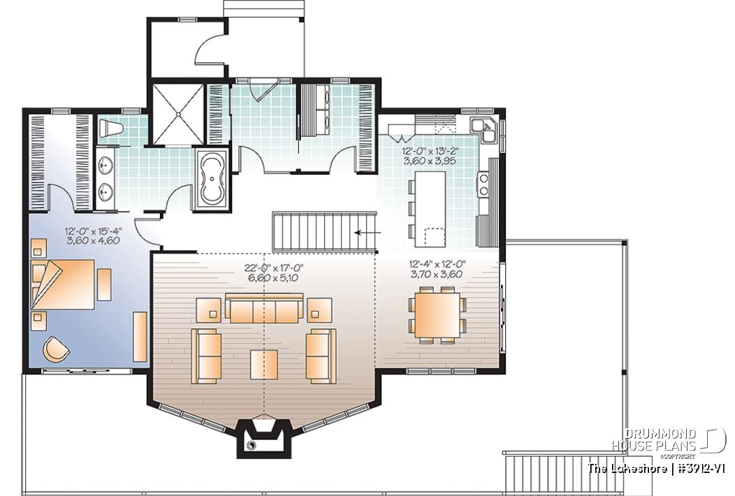 Main floor plan of the LAKESHORE (#3912-V1) with open-concept living area, cathedral ceiling and panoramic terrace