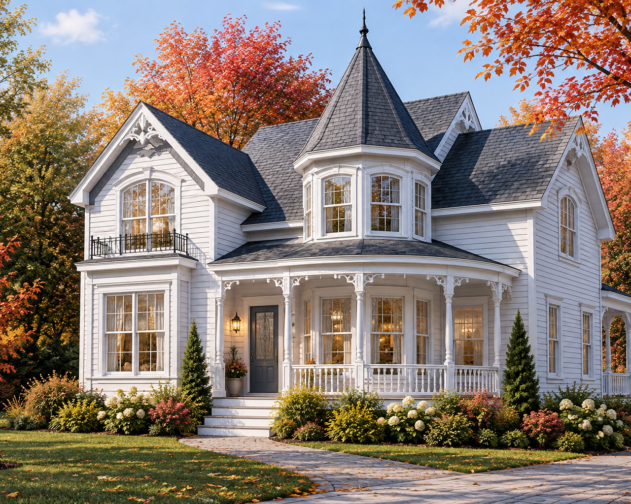 Victorian house plan Grenoble #2572 with turret, decorative porch and steep gables
