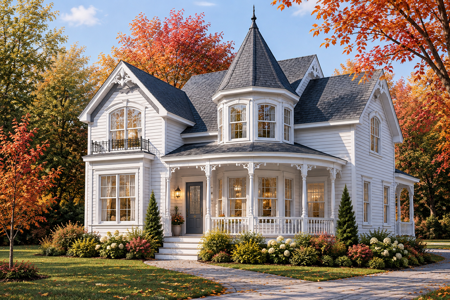 Victorian house plan Grenoble #2572 with turret, decorative porch and steep gables