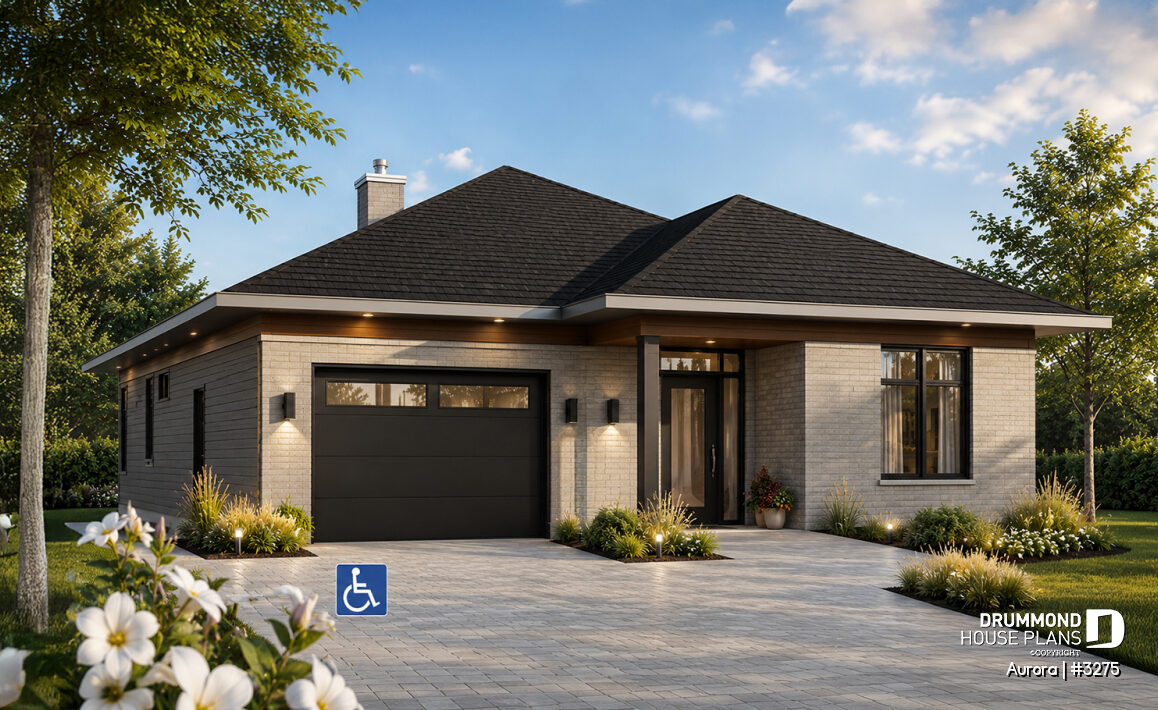 Compact wheelchair-accessible 2-bedroom house plan Aurora #3275 with garage
