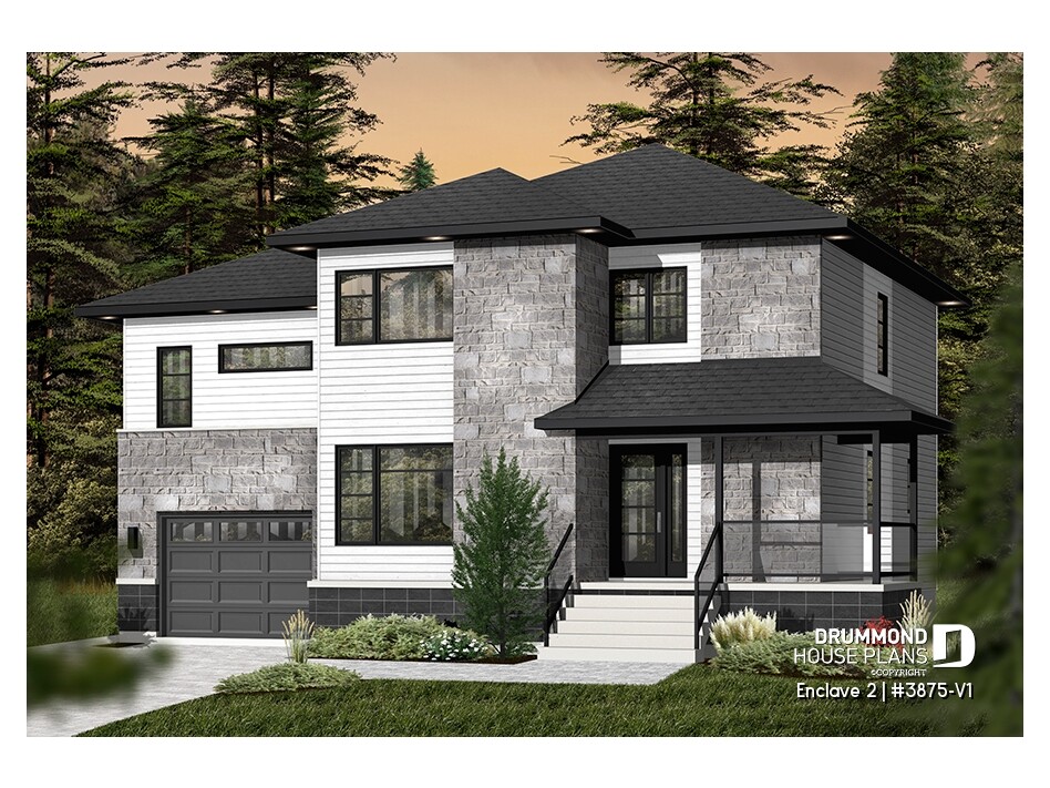 Contemporary four-bedroom house plan with upstairs family room, attached garage and modern exterior design – Enclave 2 #3875-V1