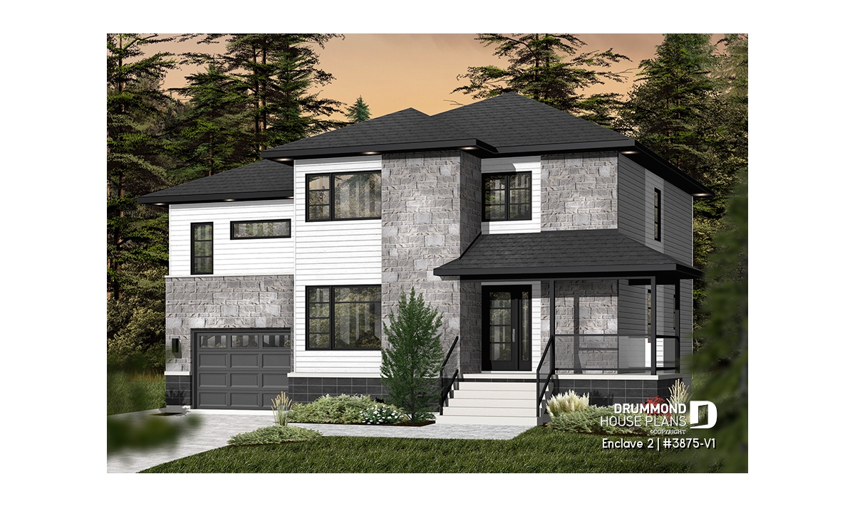 Contemporary four-bedroom house plan with upstairs family room, attached garage and modern exterior design – Enclave 2 #3875-V1