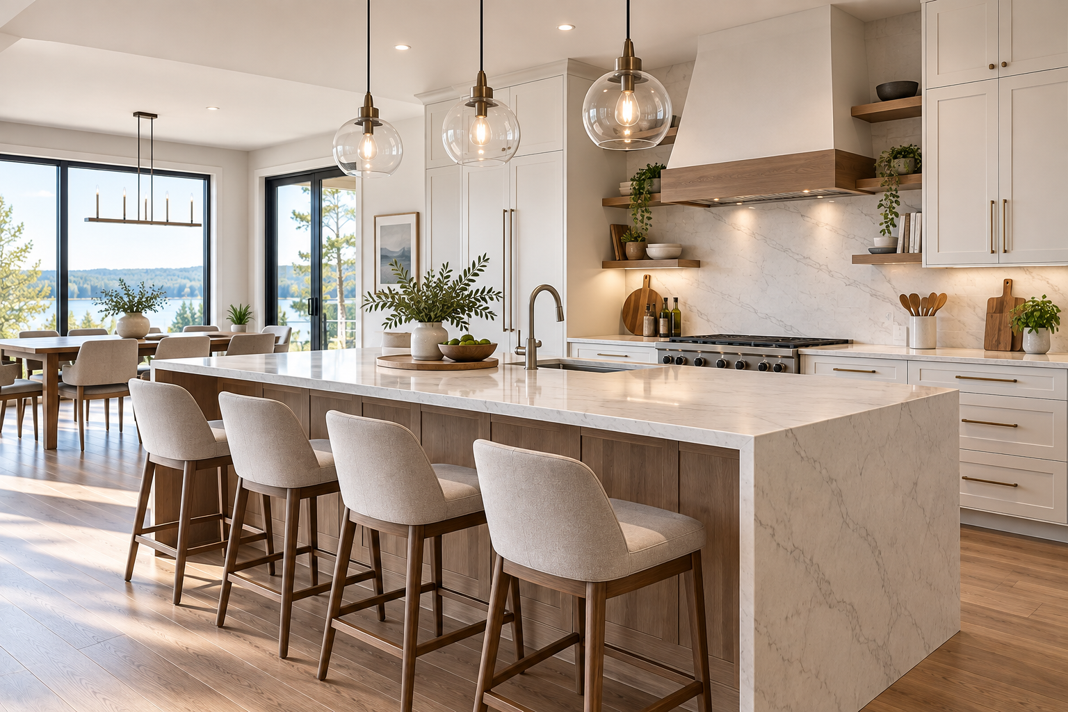Modern kitchen island with seating, sink and open-concept layout