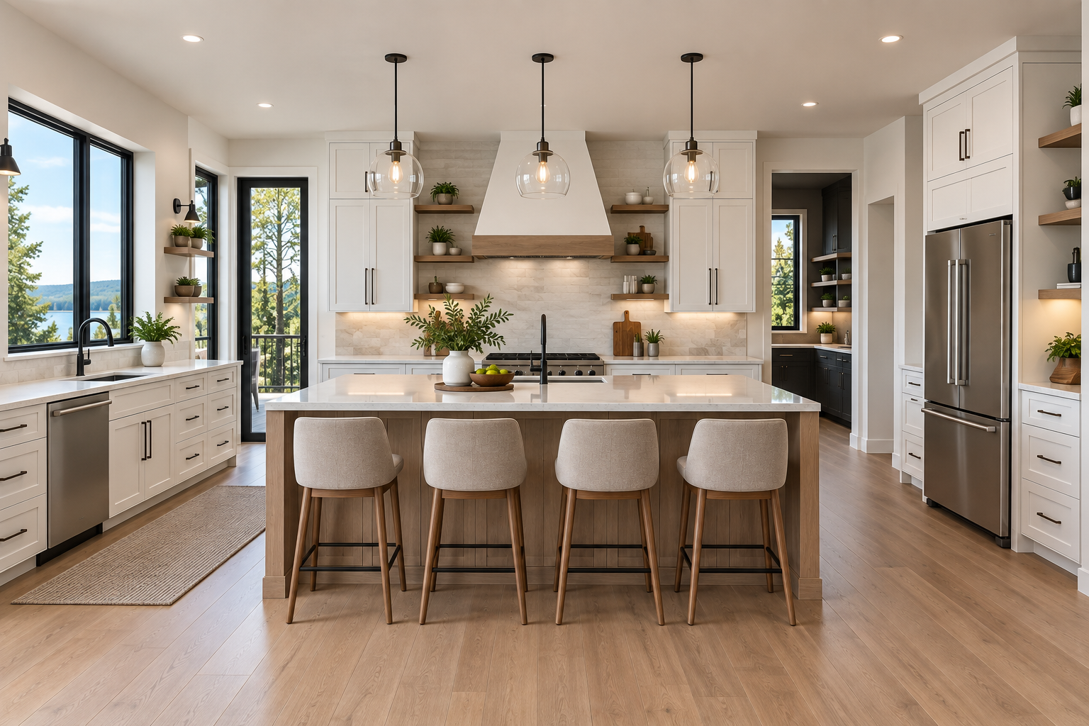 Large kitchen island with seating proportioned to an open kitchen layout