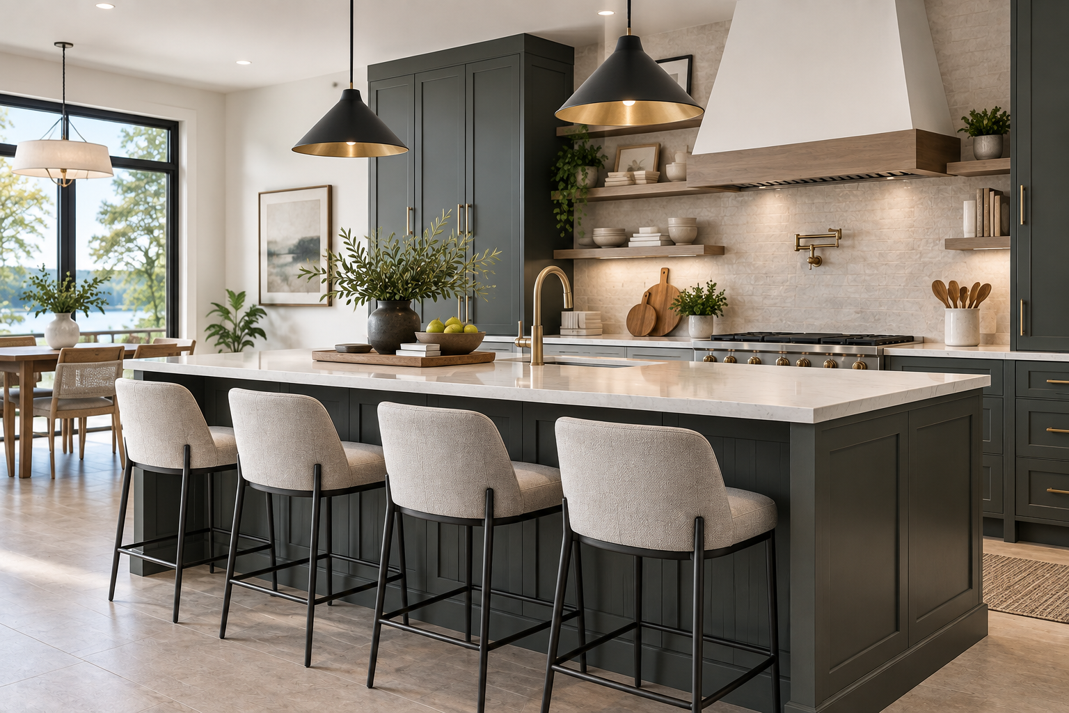 Kitchen island with four seats and counter overhang for comfortable seating
