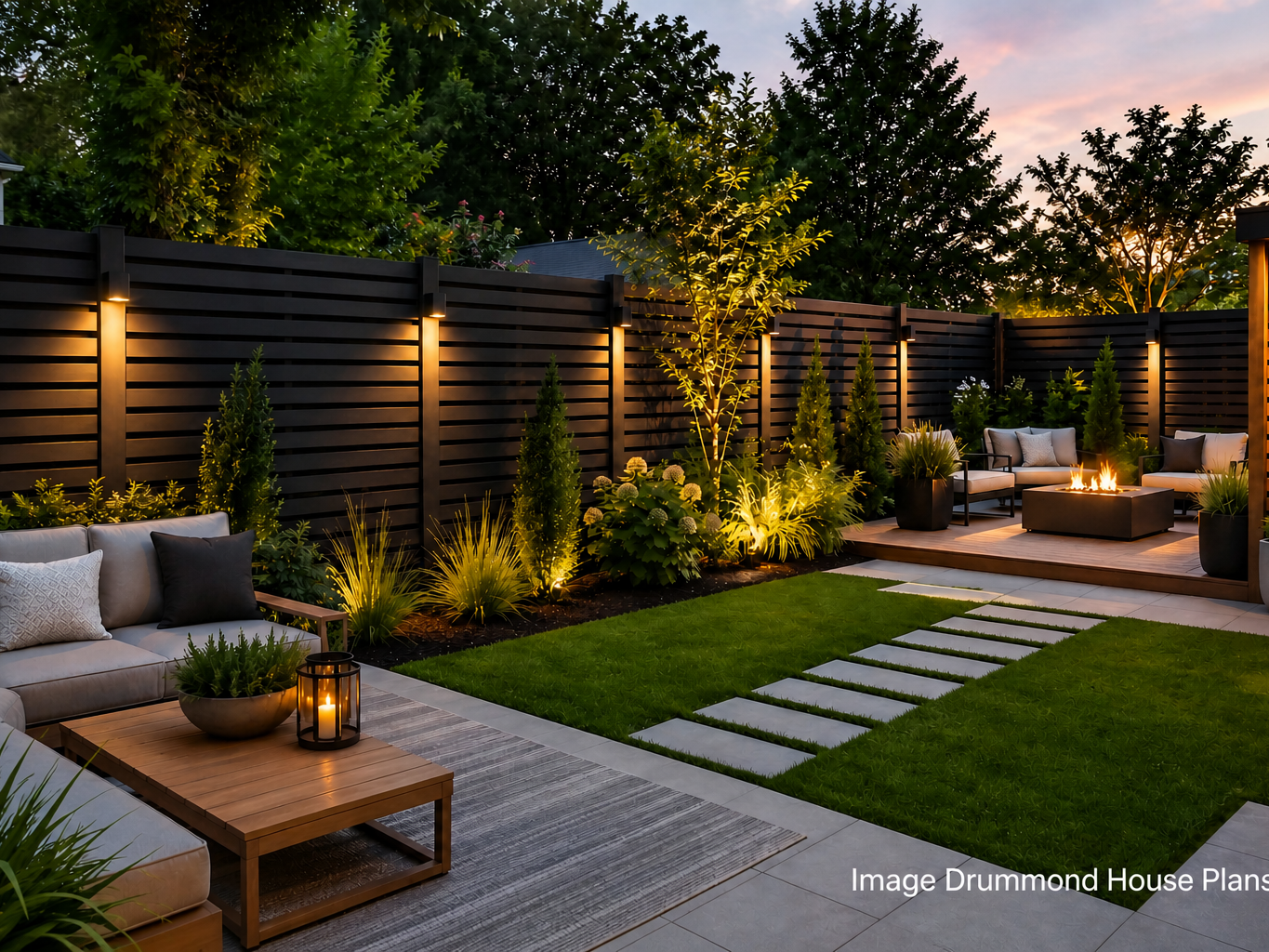 Modern backyard with elegant black privacy fence, landscaped garden, patio seating, and stylish outdoor living design