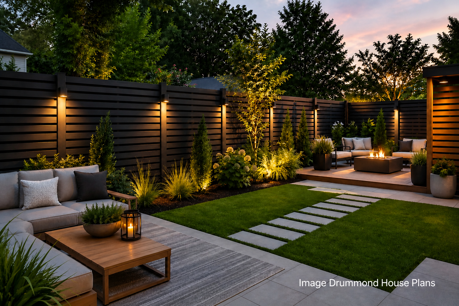 Modern backyard with elegant black privacy fence, landscaped garden, patio seating, and stylish outdoor living design