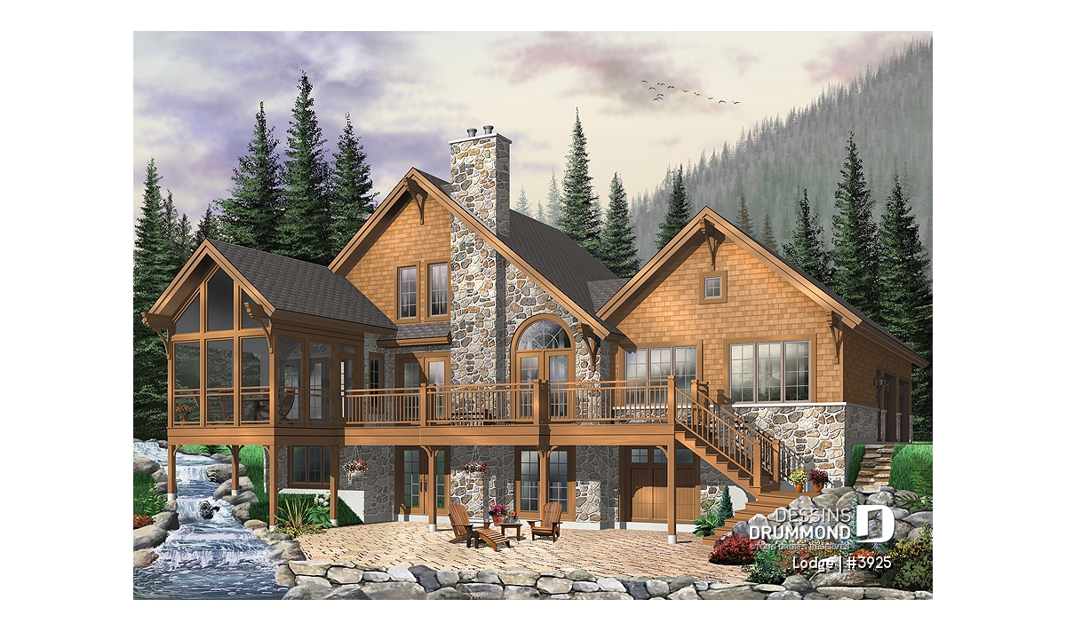 Façade avant du plan de chalet rustique Lodge (#3925) avec garage double, terrasse panoramique et grandes fenêtres