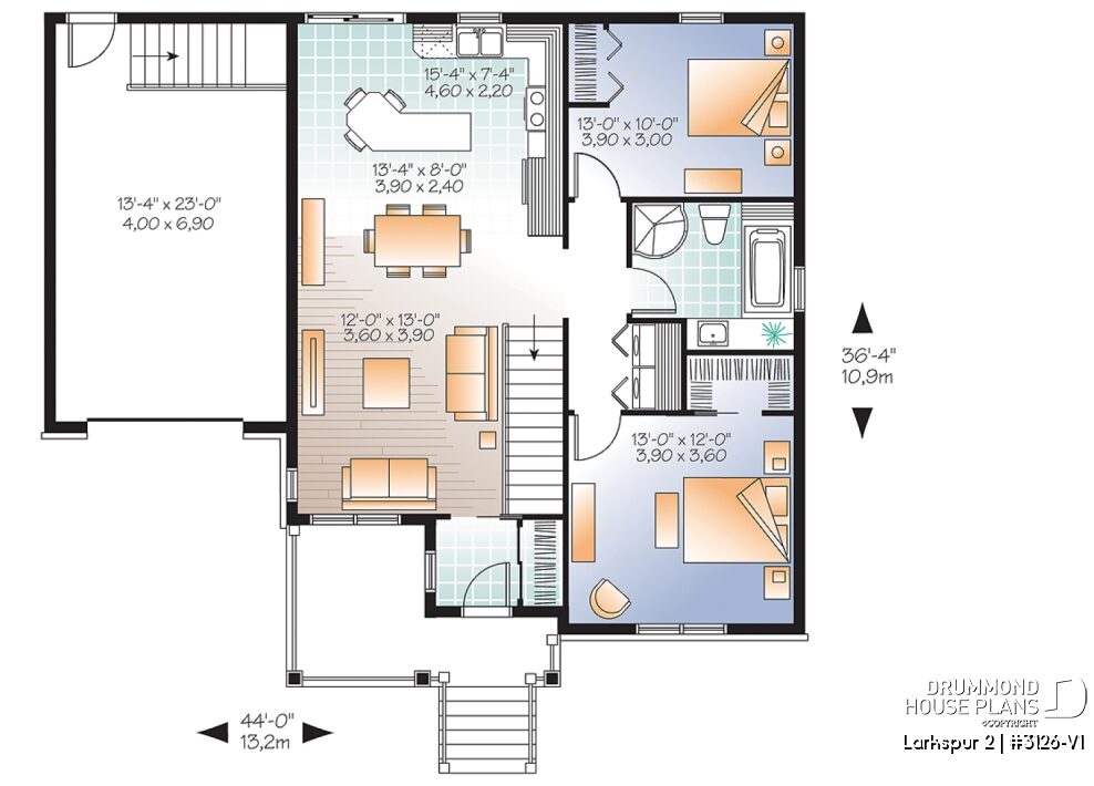 Main floor layout of Larkspur 2 (#3126-V1), a single-story house plan with garage, open-concept kitchen, central island, two bedrooms and practical everyday circulation.