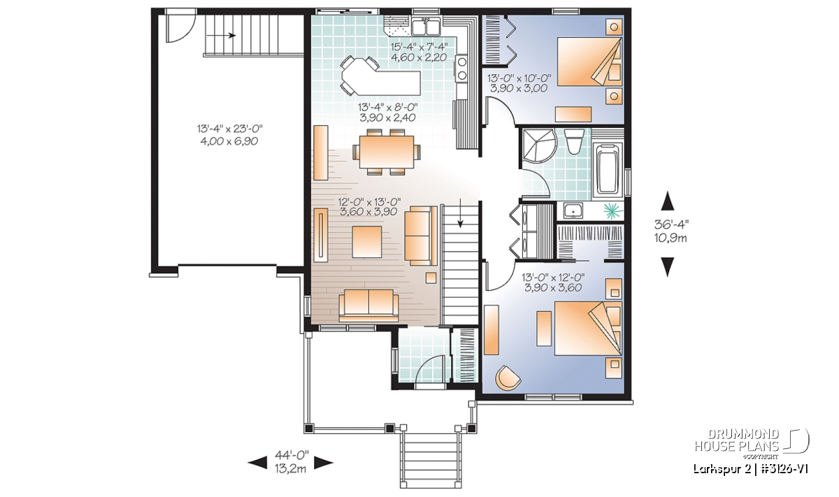 Main floor layout of Larkspur 2 (#3126-V1), a single-story house plan with garage, open-concept kitchen, central island, two bedrooms and practical everyday circulation.