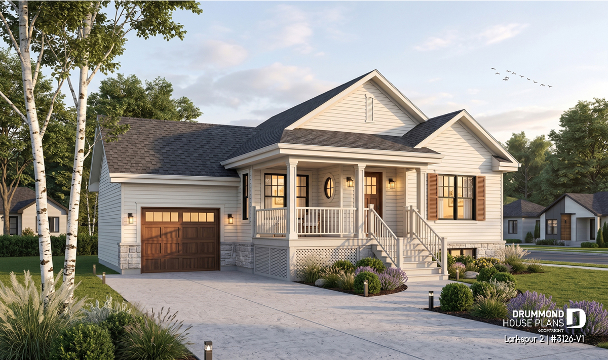 Front exterior of Larkspur 2 (#3126-V1), a warm single-story farmhouse house plan with garage, covered porch and timeless curb appeal.