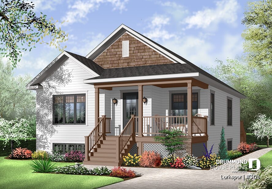 Front exterior of Larkspur (#3126), a warm single-story farmhouse house plan with covered front porch, balanced facade and inviting curb appeal.