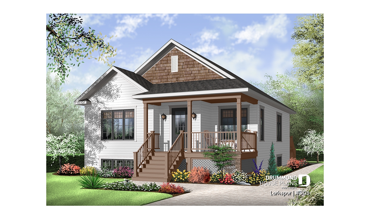 Front exterior of Larkspur (#3126), a warm single-story farmhouse house plan with covered front porch, balanced facade and inviting curb appeal.