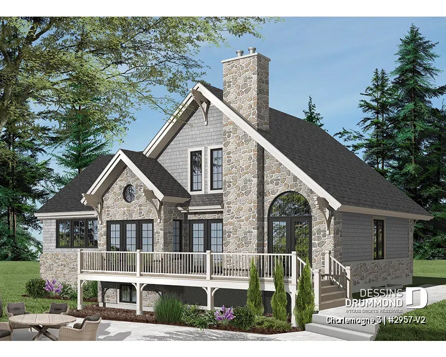 Façade d’un chalet rustique avec garage, foyer central, plafond cathédrale et grande terrasse – plan Charlemagne 3 2957-V2 de Dessins Drummond