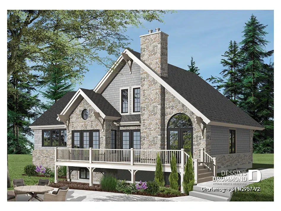 Façade d’un chalet rustique avec garage, foyer central, plafond cathédrale et grande terrasse – plan Charlemagne 3 2957-V2 de Dessins Drummond