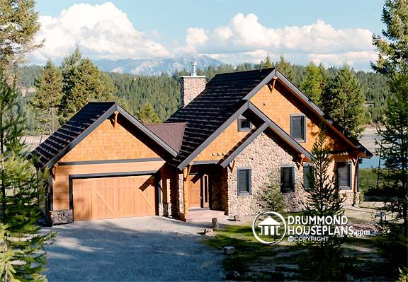Great Cabin Design - Craftsman Style with 3 bedrooms, 2,5 baths and 2-car garage. Drummond House Plans no. 3923-V1