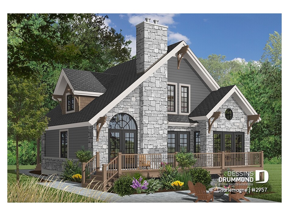 Façade d’un chalet 4 saisons lumineux de style rustique moderne avec grande cheminée de pierre, mezzanine et vaste terrasse – plan Charlemagne 2957 de Dessins Drummond