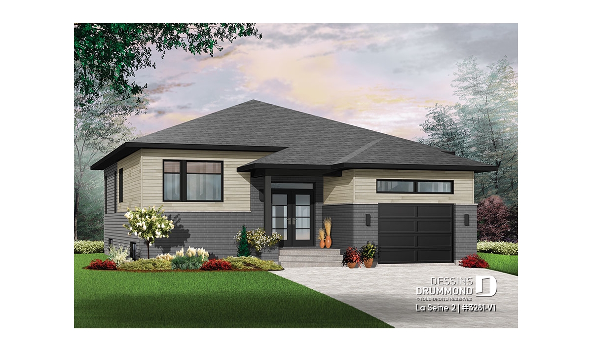 Façade du plan de maison plain-pied contemporain avec garage La Seine 2 (#3281-V1) conçu pour terrain étroit