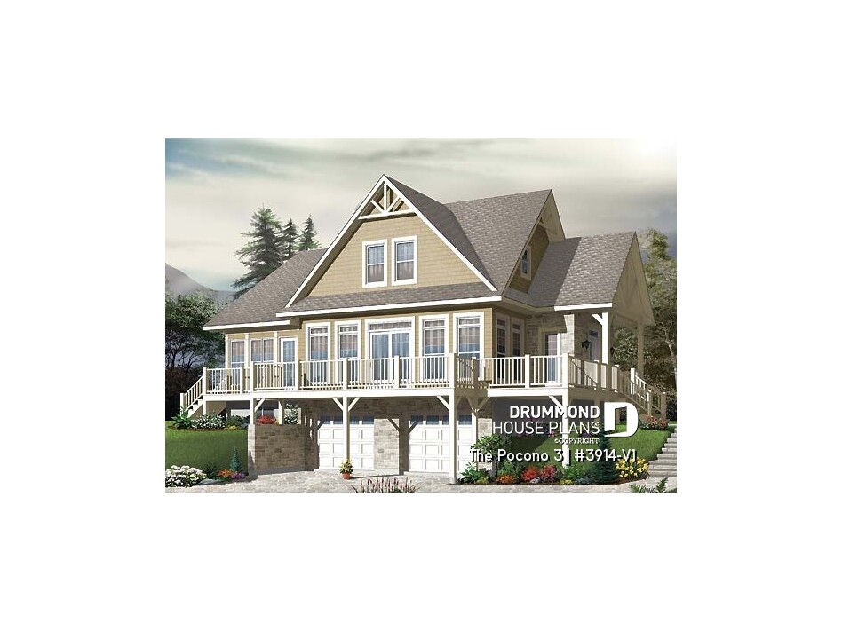 The Pocono 3 house plan #3914-V1 with panoramic lakefront views, double garage and sloped lot design
