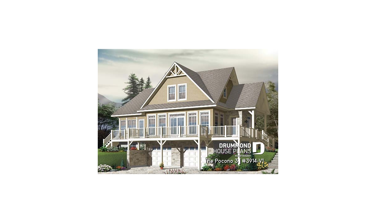 The Pocono 3 house plan #3914-V1 with panoramic lakefront views, double garage and sloped lot design