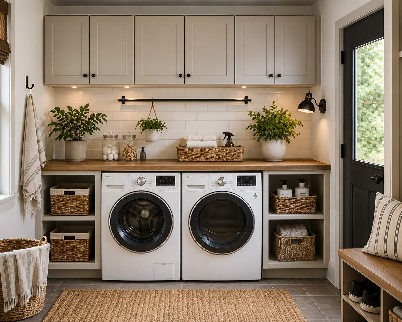 Salle de lavage moderne avec électroménagers, comptoir de pliage, armoires et rangement intégré.