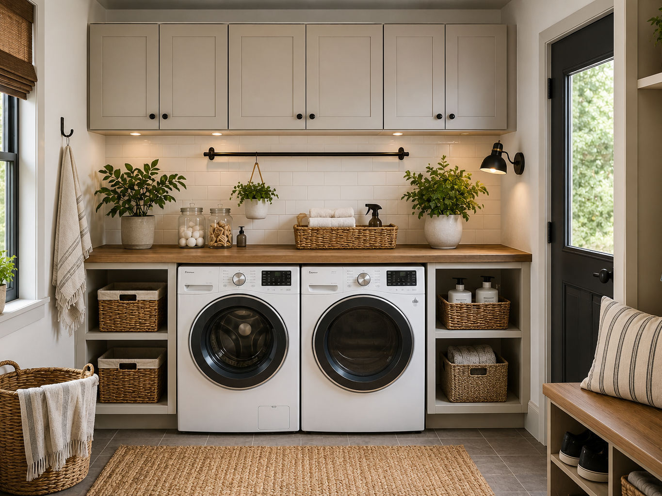 Salle de lavage moderne avec électroménagers, comptoir de pliage, armoires et rangement intégré.
