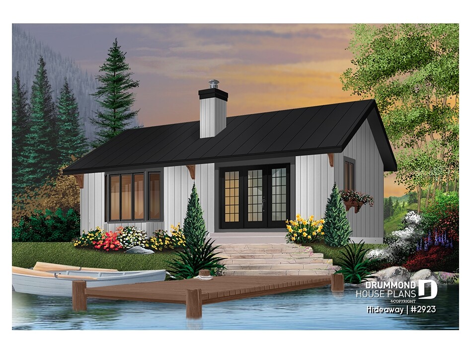 Hideaway (#2923) affordable small cabin plan with 2 bedrooms, rustic exterior, rear terrace, and charming nature-inspired design.