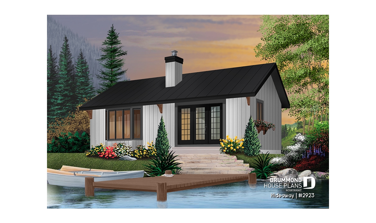 Hideaway (#2923) affordable small cabin plan with 2 bedrooms, rustic exterior, rear terrace, and charming nature-inspired design.