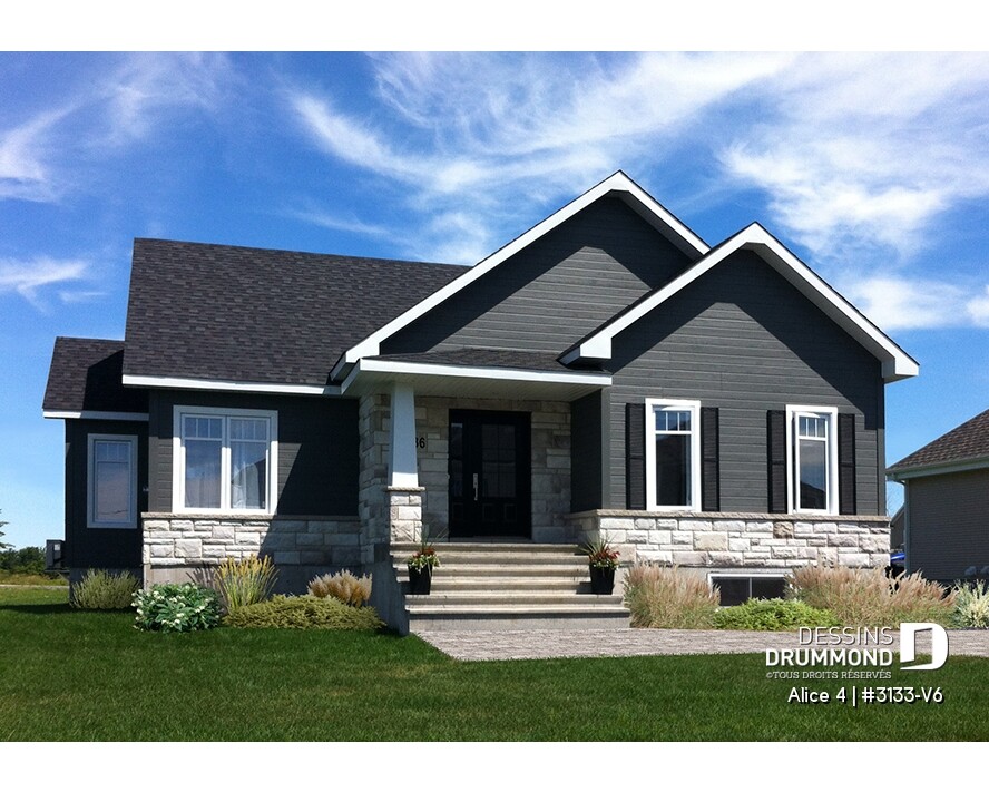 Alice 4 (#3133-V6) plan de maison plain-pied 2 chambres de style moderne rustique avec garage double et façade chaleureuse.