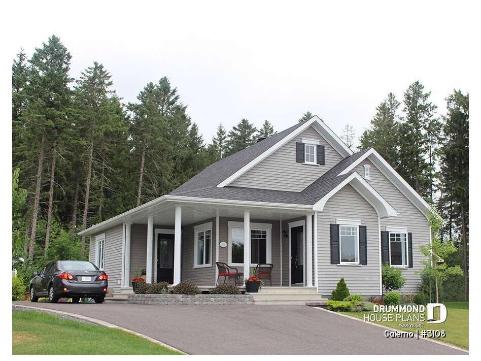 Galerno (#3108) affordable single-story country house plan with 2 bedrooms, covered porch, warm rustic exterior, and inviting country charm.