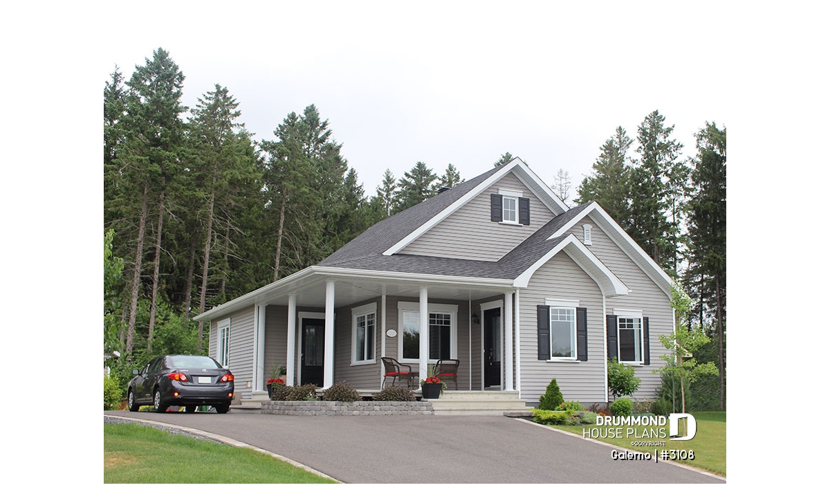 Galerno (#3108) affordable single-story country house plan with 2 bedrooms, covered porch, warm rustic exterior, and inviting country charm.
